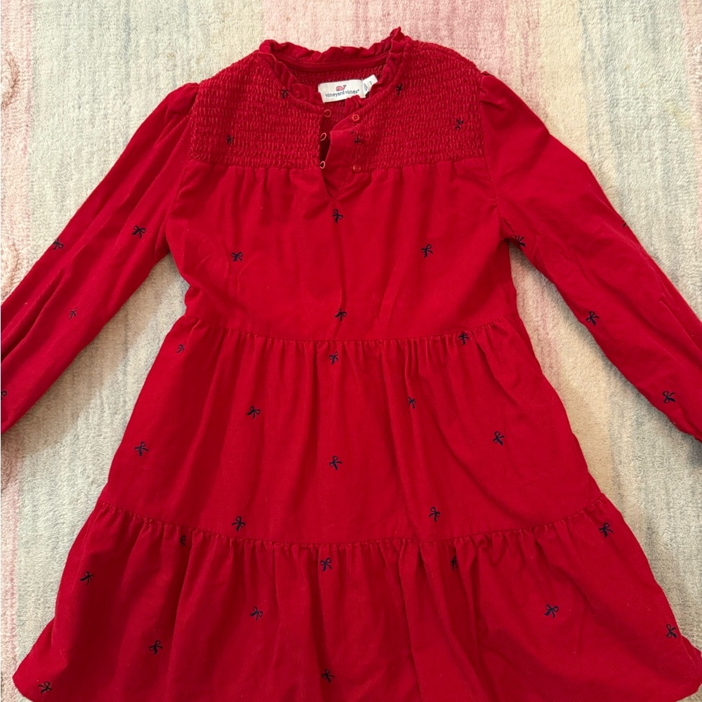 Vineyard Vines Red Long-Sleeve Corduroy Dress With Smocking